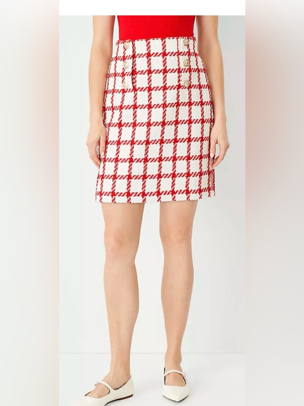 NWT Ann Taylor Red and White Plaid Tweed Mini Skirt
